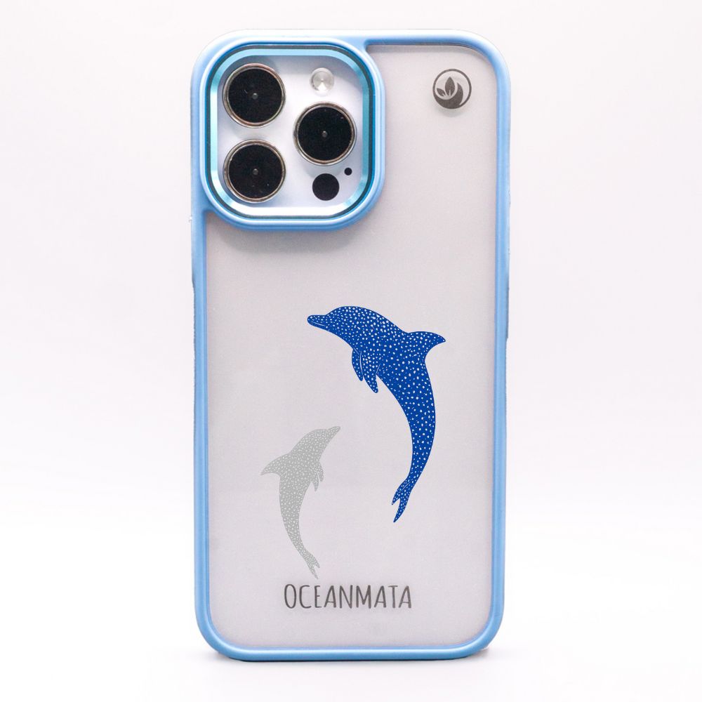 iPhone 15 pro hoesje - dolfijnblauw - "Dolphin Twins" - duurzaam